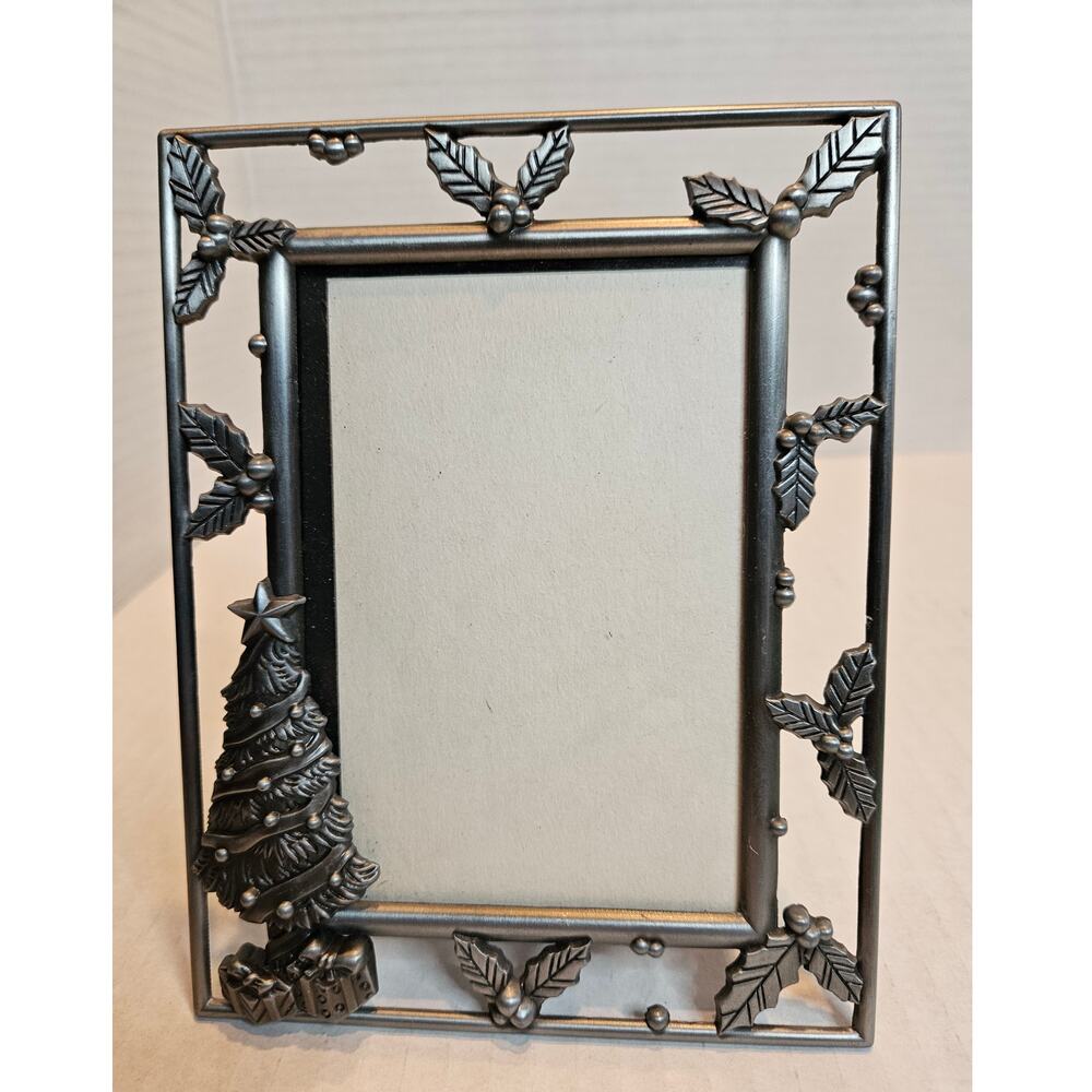 DISCOUNTED! Frame Metal Christmas Tree Holly Berries 6.5" x 5" Glass Velvet Back
